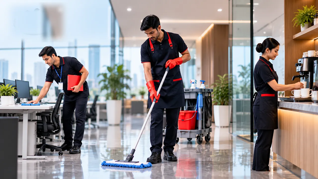 Vucare staff dusting desks, mopping the floor and serving coffee in a Bangalore office